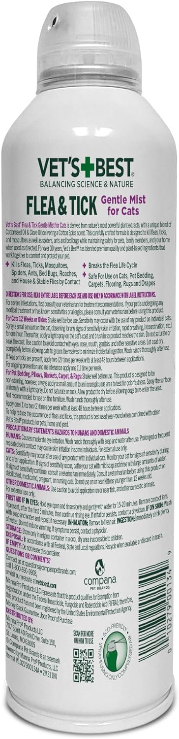 Vet's Best Natural Flea & Tick Mist for Cats – Plant-Powered Spray with Cotton Spice Scent – Natural Flea Prevention and Pest Control – Gentle Formula for Indoor Use – Safe for Pets – 6.3 oz