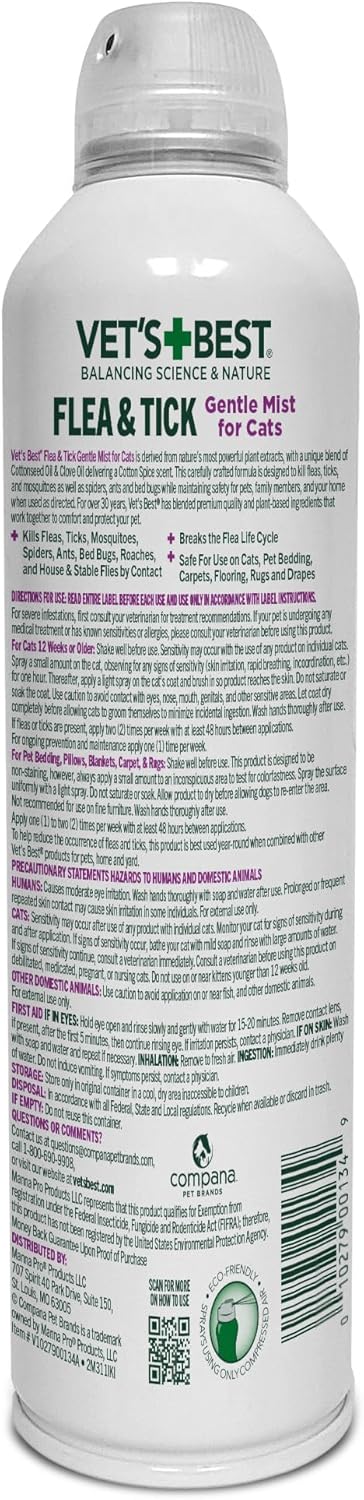 Vet's Best Natural Flea & Tick Mist for Cats – Plant-Powered Spray with Cotton Spice Scent – Natural Flea Prevention and Pest Control – Gentle Formula for Indoor Use – Safe for Pets – 6.3 oz