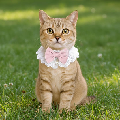 Breakaway Cat Bow Collar, Floral Cute Kitten Collar, Adjustable Safety Ties with Pearl Bell, Elegant Lace Necklace for Indoor Girl Cats, Dogs, Pets (Pink)