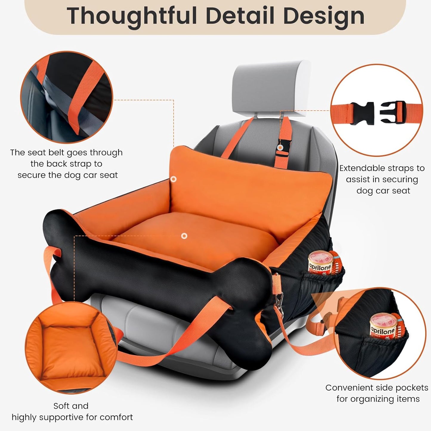 29.5"x19.7"x9.8" Dog Car Seat for Middle Dogs & Cats with Leash, Water-Resistant Faux Leather Booster Car Seat with Side Pocket for Summer Travel, Dog Bed for SUV, Truck with Bone Decor