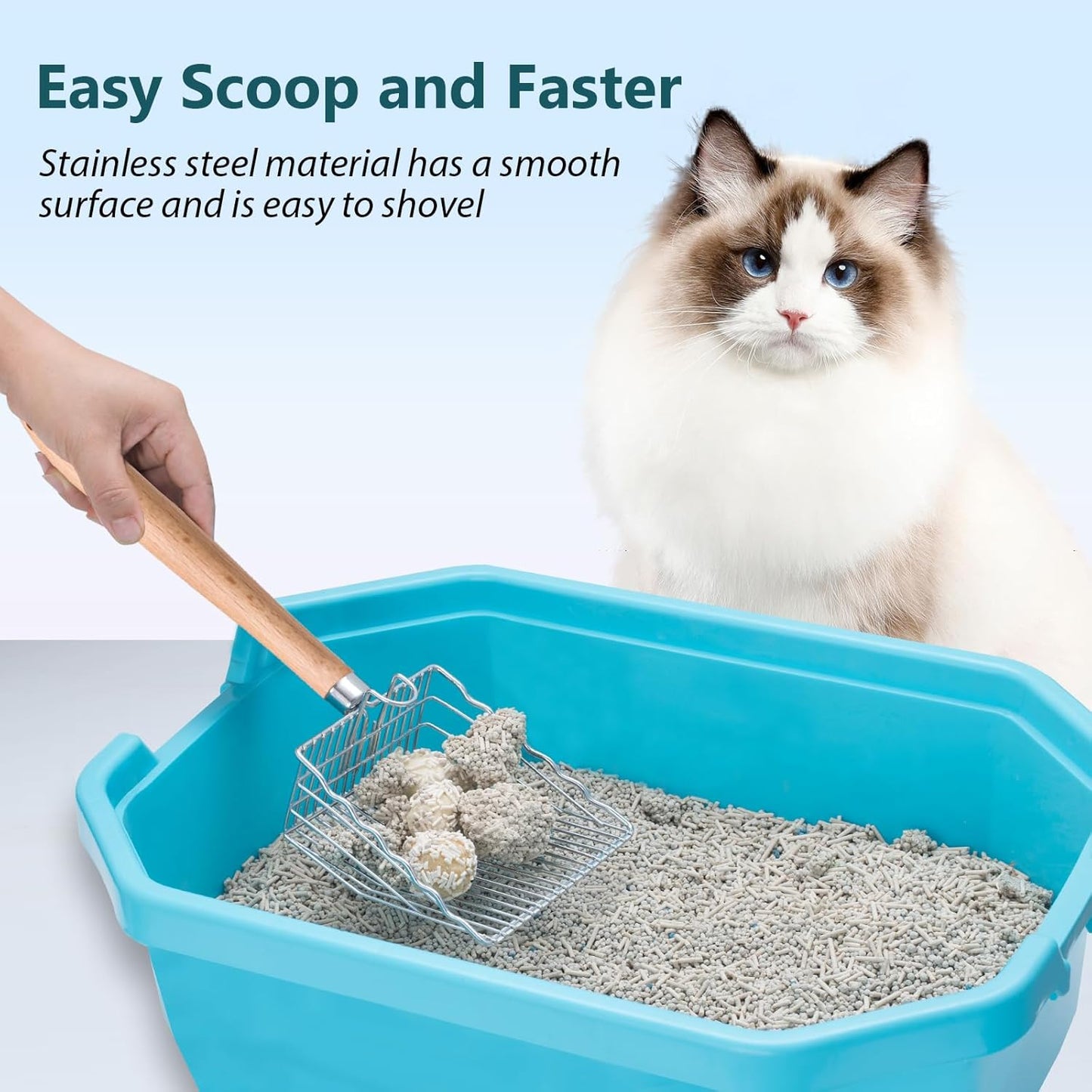 Cat Litter Scoop, 9.8" Extended Handle Premium Kitty Shovel with Hook and Hole, Metal Sifter Scooper Stainless Steel for Easy Cleaning, Durable and Heavy Duty, Odor-Free for Litter Box