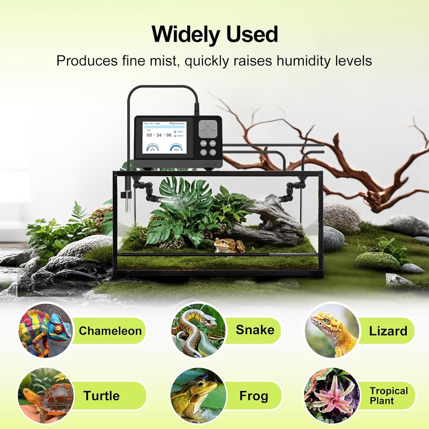 J&A Smart Reptile Mister, Automatic Misting System for Tanks - Programable Timer with Temperature/Humidity Probe, Ideal for Reptile Habitat (Black)