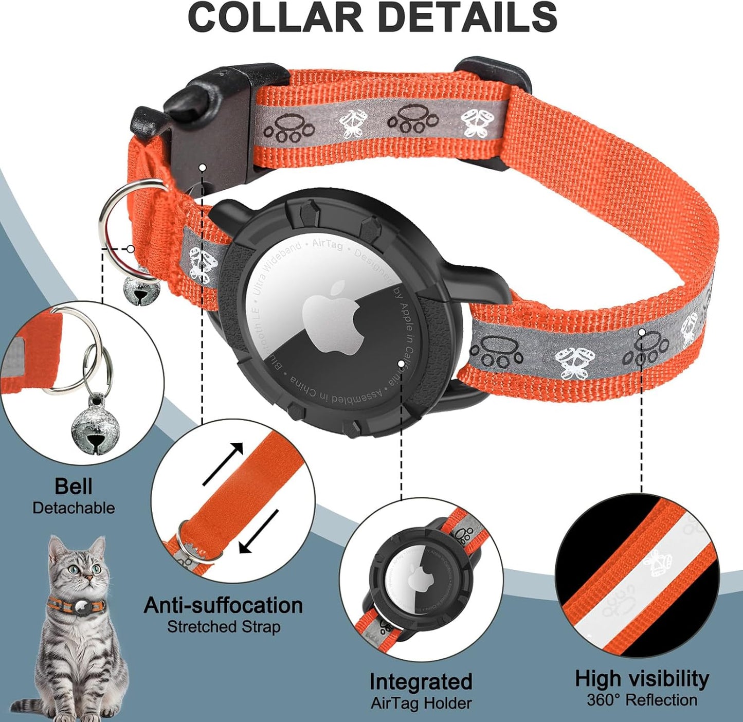 Reflective AirTag Cat Collar, Integrated Cat Tracker Collar with Air Tag Holder and Bell, Safety Elastic Band Cat GPS Collars for Girl Boy Cats, Kittens and Puppies (Orange, S)