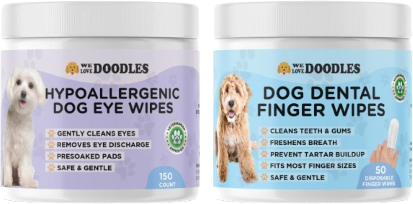 We Love Doodles 50 pcs Dog Teeth Cleaning Wipes & 150 pcs Dog Eye Wipes Bundle - Pet Dental Finger Wipes for Dogs, Freshens Breath Dog Dental Wipes, Pet Eye Wipes Pads & Safe Dog Eye Cleaner