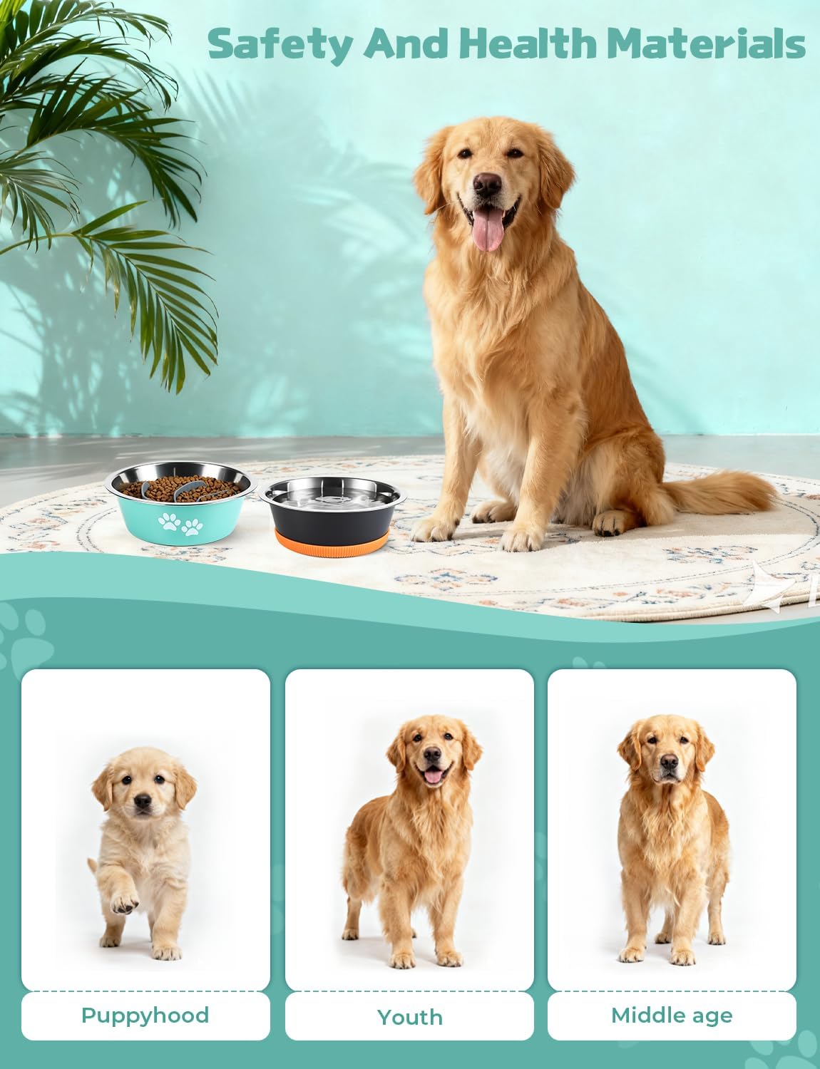 Premium Stainless Steel Dog Bowls,50OZ Large Capacity,Set of 2,Including Slow Food Bowl and Water Bowl,Suitable for Large and Medium-Sized Dogs,Green,Orange and Black