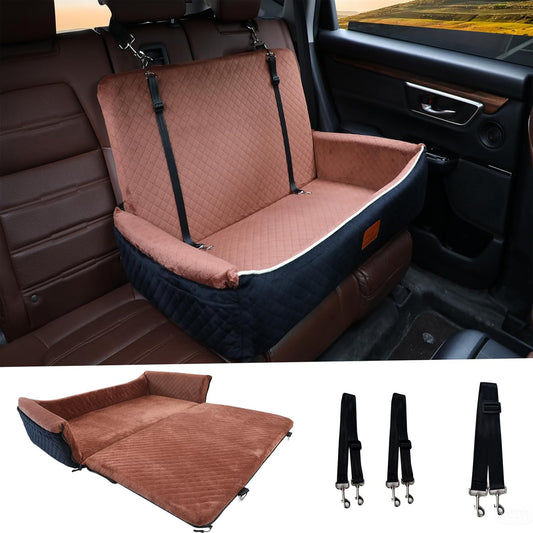 Large Dog Car Seat Under 60 lbs or 2 Small Dogs Dog Bed for Car Back Seat with Seat Belt Fixation The Seat Fabric Soft and Comfortable Removable and Washable.(Black Brown)