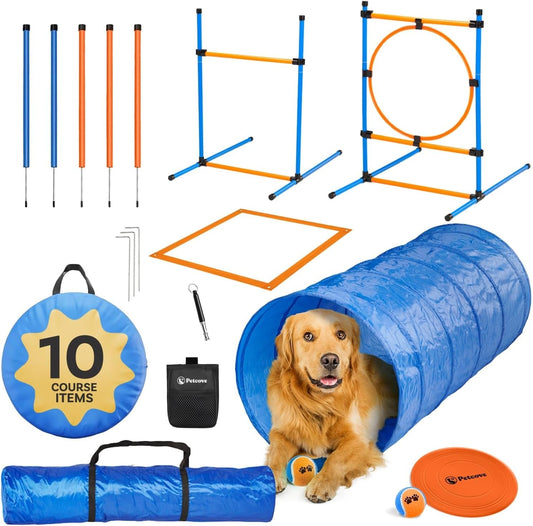 PetCove Dog Agility Set - Backyard Obstacle Course with Jumps, Tunnel and Training Equipment - Dog Agility Course Backyard Set - Assembles in Minutes - Includes Carrying Bags for Transport & Storage