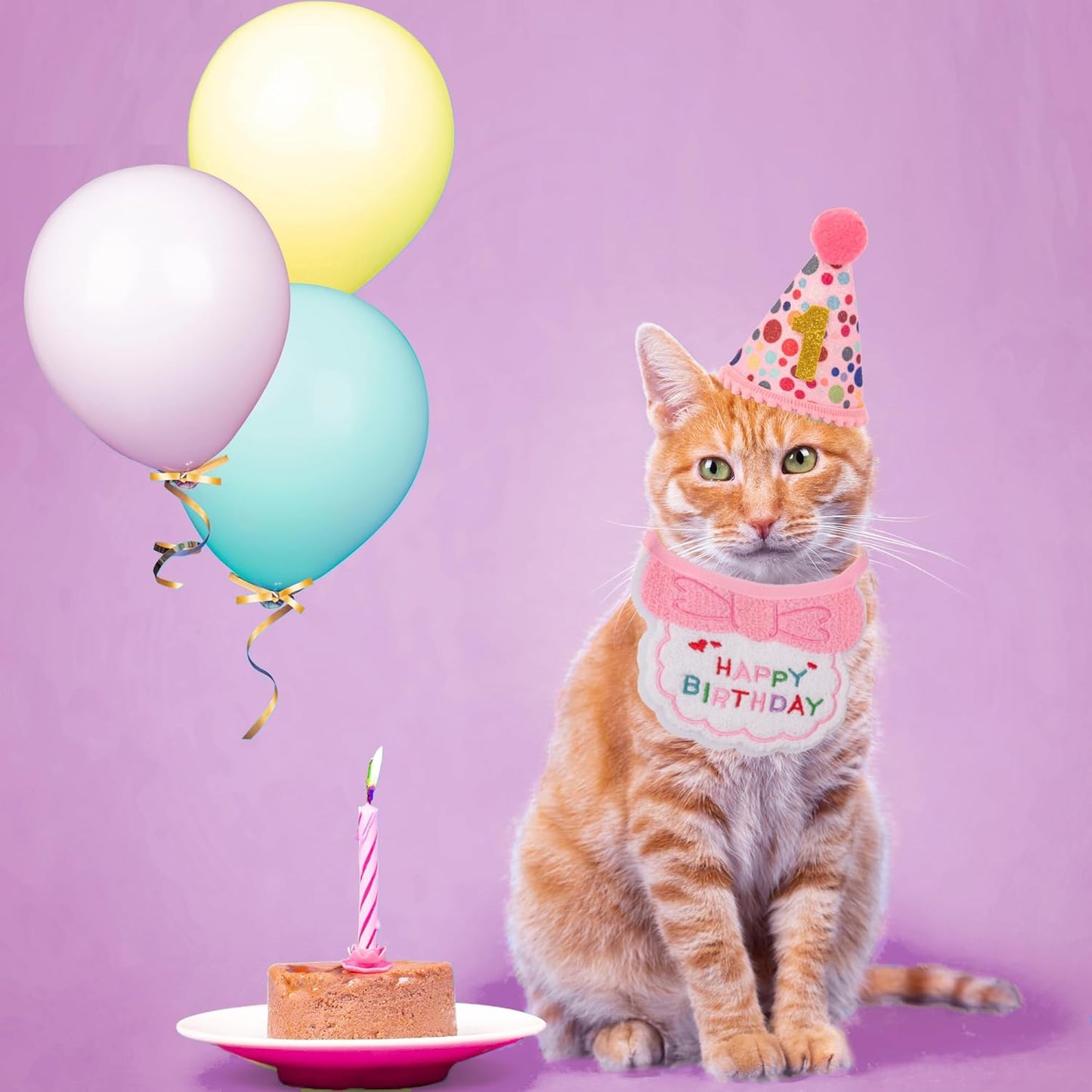 ADOGGYGO Cat Birthday Party Supplies, Pink Girl Cat Kitten Birthday Bandana Hat Numbers Pet Birthday Decorations Outfits