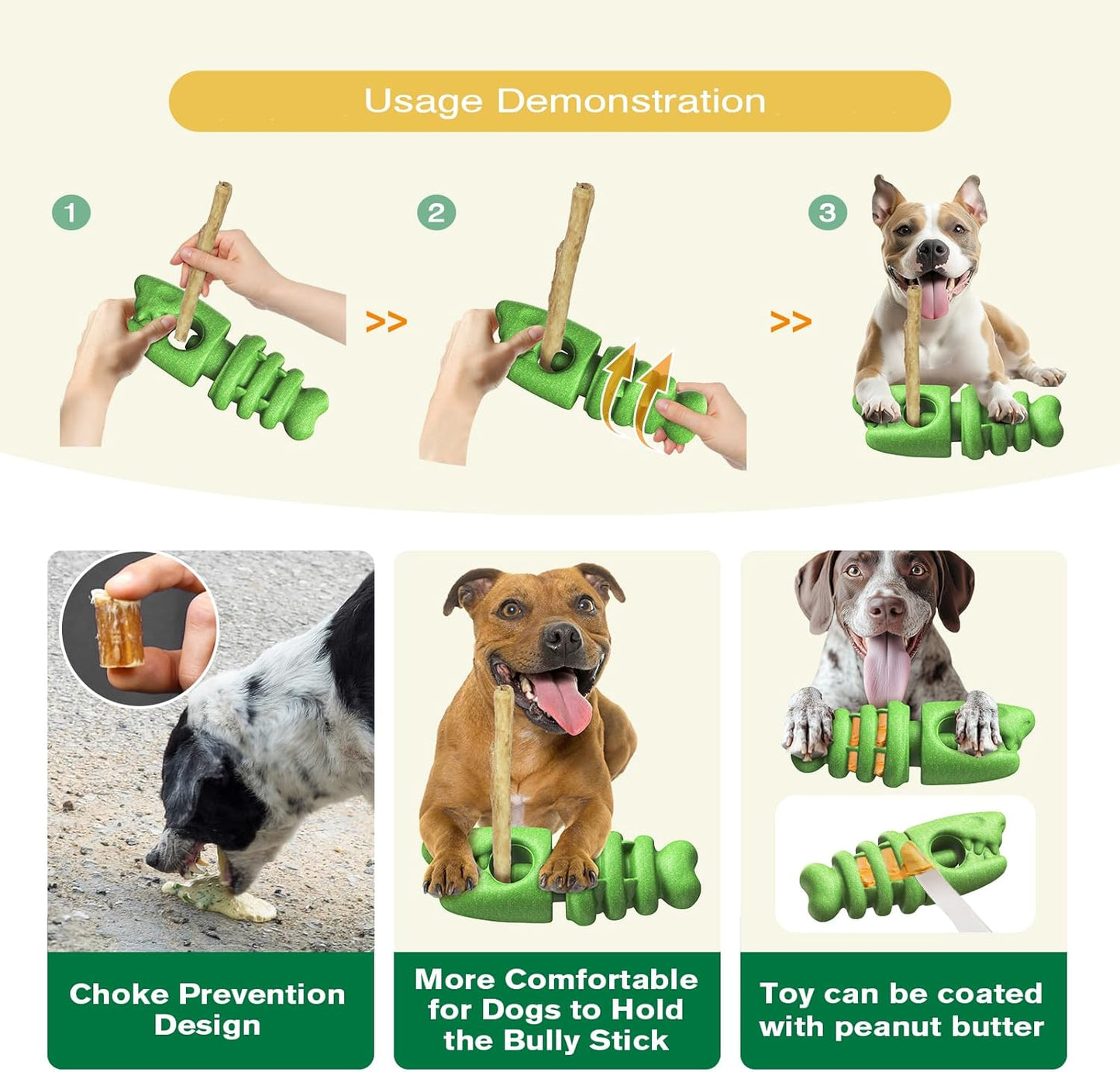 Bully Stick Holder for Dogs - Anti Choking Device for Large & Medium Dogs, 3-in-1 Durable Chew Toy with Peanut Butter Grooves, Durable Dog Toys for Aggressive Chewers