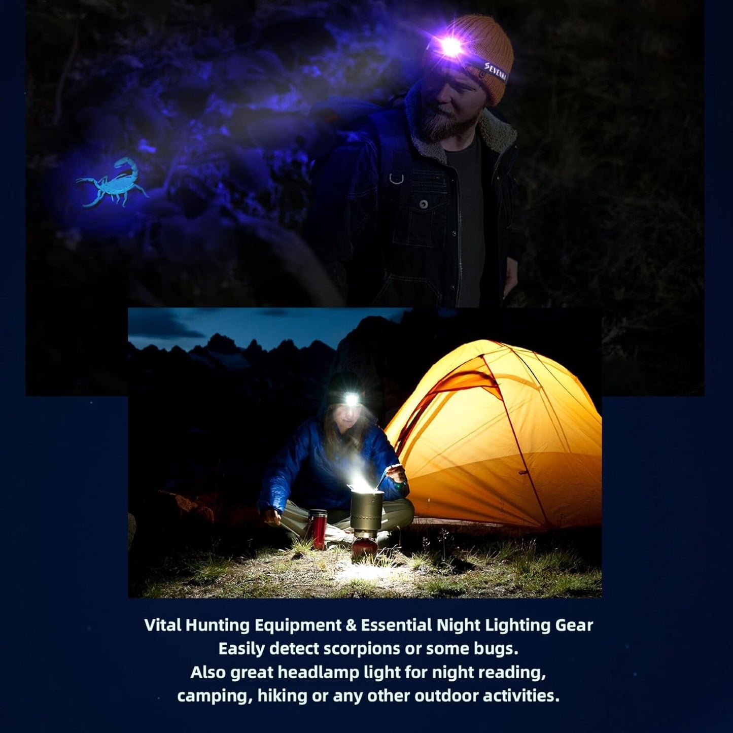 SEVENKA 2 UV Headlamp Flashlight Black Light, Rechargeable LED Hand Free Mini UV Blacklight 395nm Head Lights with White & Ultraviolet Light, Detector for Pet Dog/Cat Urine Stains,Bed Bug,Scorpions