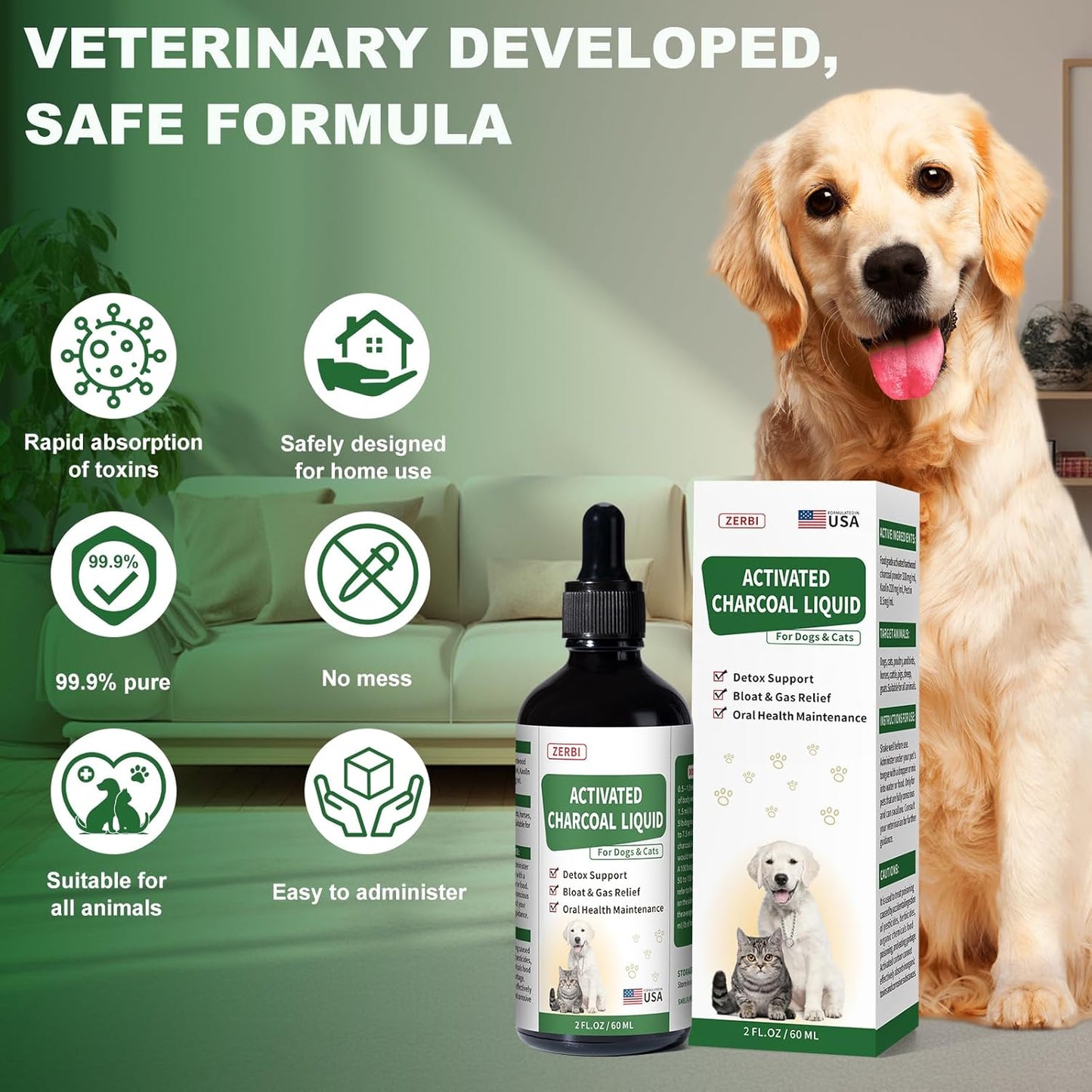 Activated Charcoal for Dogs(Liquid)–Dog First Aid Essential, Ready Rescue for Dogs – Detox, Diarrhea & Gas Relief, Non-GMO, 60ml