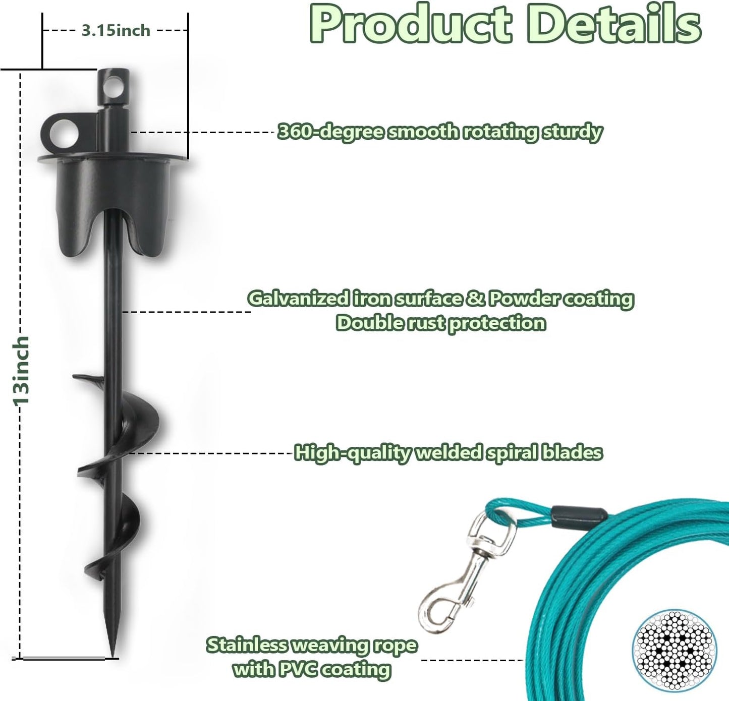 Dog Stakes for Outside Hold up to 250Lbs Dogs Heavy Duty Tie Out Tether Leash Chain for Yard Outdoor Camping Screw in Ground Anchor Set 13 inch Black, 15 FT Steel Cable