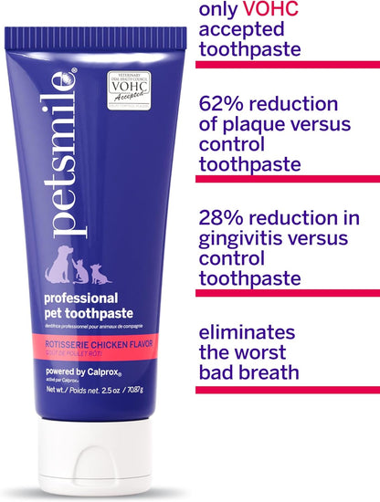 Petsmile Professional Pet Teeth Brushing Kit for Cats & Dogs - Only VOHC Accepted Toothpaste & Patented Toothbrush - Proven to Control Plaque & Tartar Calprox Formula (Rotisserie Chicken, 2.5 Oz)