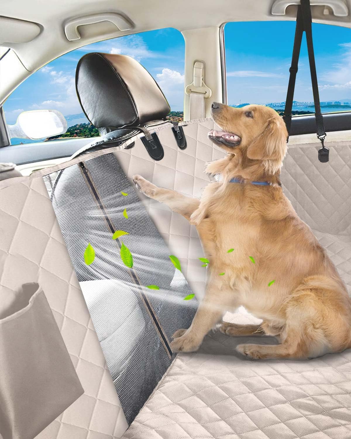 Dog Car Seat Cover, 600D Heavy Durable Dog Seat Cover for Back Seat, 100% Waterproof Scratch Proof Nonslip Dog Hammock for Car with Side Flap, Pet Back Seat Covers for Cars with Seatbelt Khaki