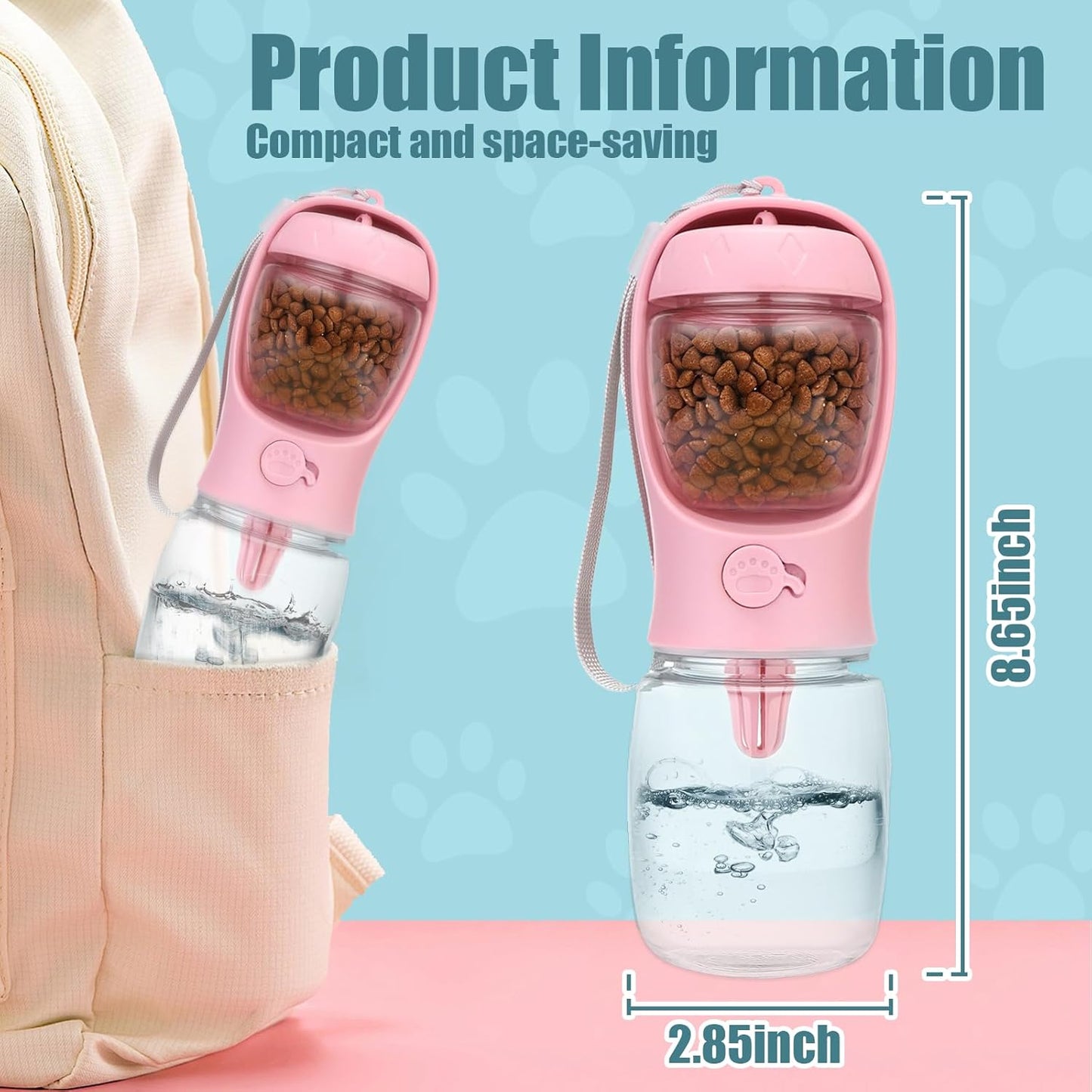 Bestac Portable 2-in-1 Pet Food & Water Feeder Leak-Proof Travel Bowl, Hiking & Walking Pet Water Dispenser (Pink, 350)