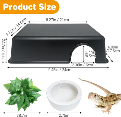 Hamiledyi 5 Pcs Reptile Plants Terrarium Hanging Fake Plant Leaves and Reptile Hide Box 4 Pcs Leopard Gecko Hide Snake Hideout for Ball Python for Lizard, Corn Snake