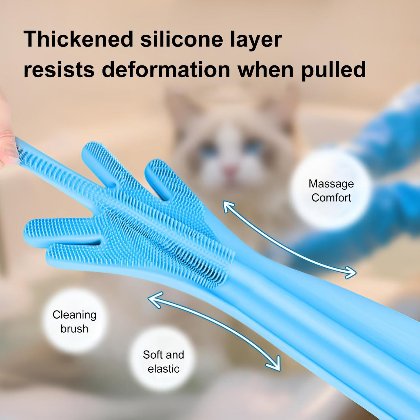 Pet Grooming Gloves, Pet Hair Remover, 2-in-1 Heat Resistant Silicone Gloves with High-Density Teeth, Enhanced Five Finger Design for Bathing, Cleaning Dishes, Cars, Dogs & Cats (Blue)