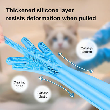 Pet Grooming Gloves, Pet Hair Remover, 2-in-1 Heat Resistant Silicone Gloves with High-Density Teeth, Enhanced Five Finger Design for Bathing, Cleaning Dishes, Cars, Dogs & Cats (Blue)