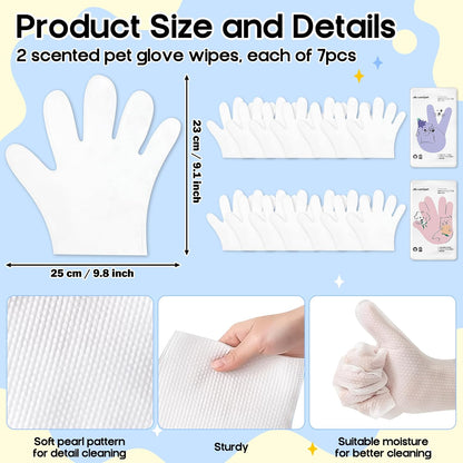 Pet Glove Wipes for Dogs - 14Pcs Peach & Bluebell Scented Pet Cleaning Gloves, No Rinse Deodorizing Grooming Wipes for Dogs and Cats Paws Body Butt, Suitable for Daily Care Dry Cleaning Travelling