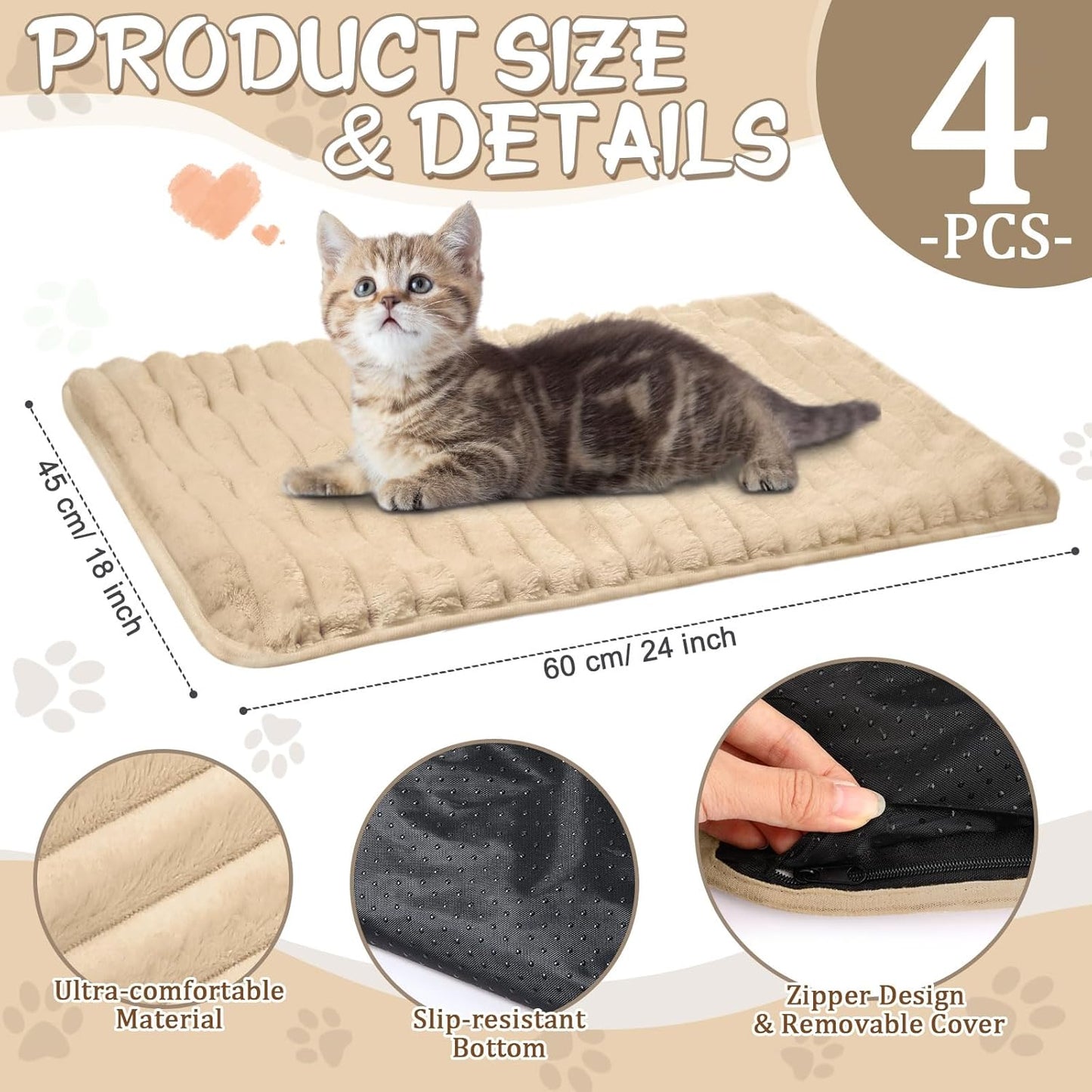 Nuanchu 4 Pack Self Warming Cat Bed 24"x18" Self Heating Dog Cat Pad Bulk Crate Bed Extra Warm Thermal Big Pet Pad for Indoor Outdoor Pets Houses with Removable Washable Cover Non Slip (Apricot)