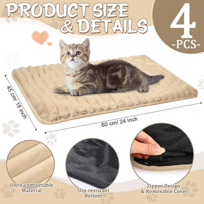 Nuanchu 4 Pack Self Warming Cat Bed 24"x18" Self Heating Dog Cat Pad Bulk Crate Bed Extra Warm Thermal Big Pet Pad for Indoor Outdoor Pets Houses with Removable Washable Cover Non Slip (Apricot)