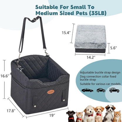 Dog Car Seat with Loops Dog Booster Seat for All Seasons, Anti Slip Bottom Pet Travel Bed with Thick Pets Sofa Cushion and Storage Pockets for Small Pets（Black）