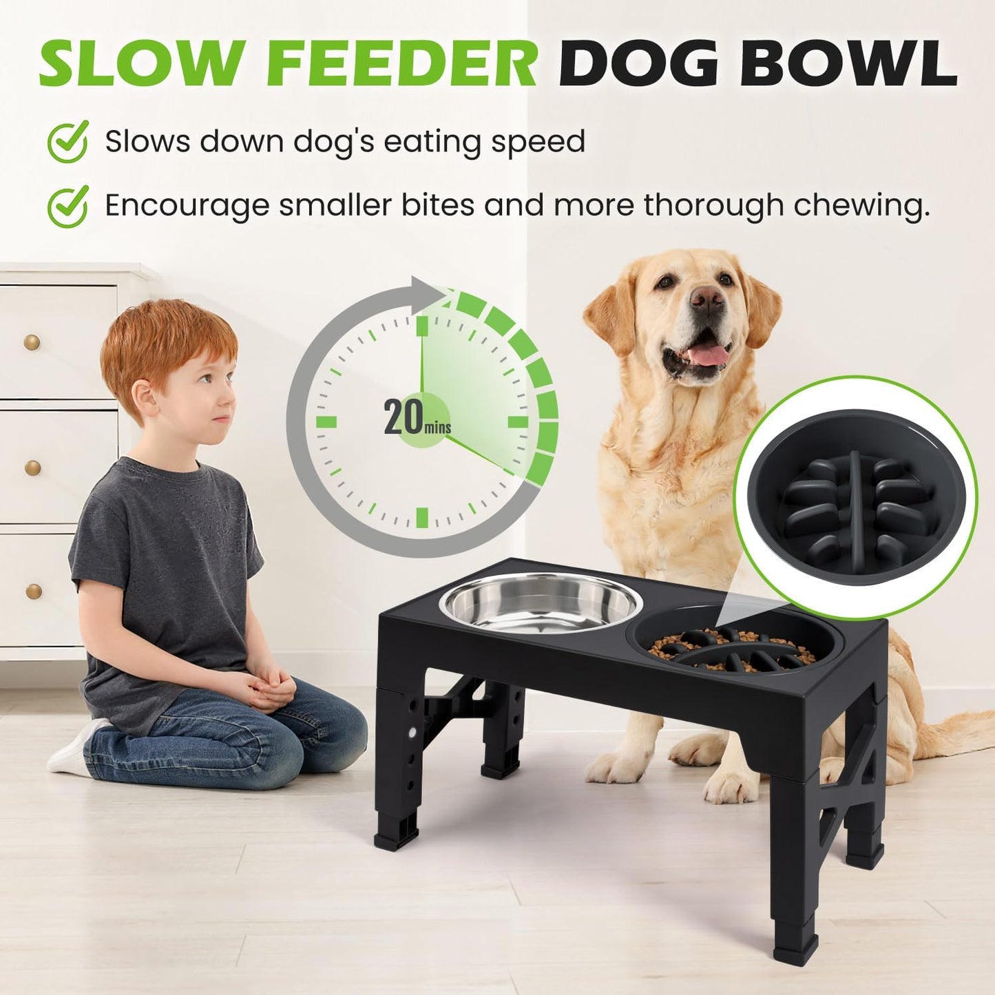 Heeyoo Elevated Dog Bowls - 5 Adjustable Heights Stand, 2 Stainless Steel Bowls & 1 Slow Feeder, 3.2" to 12.2" for Small to Large Dogs