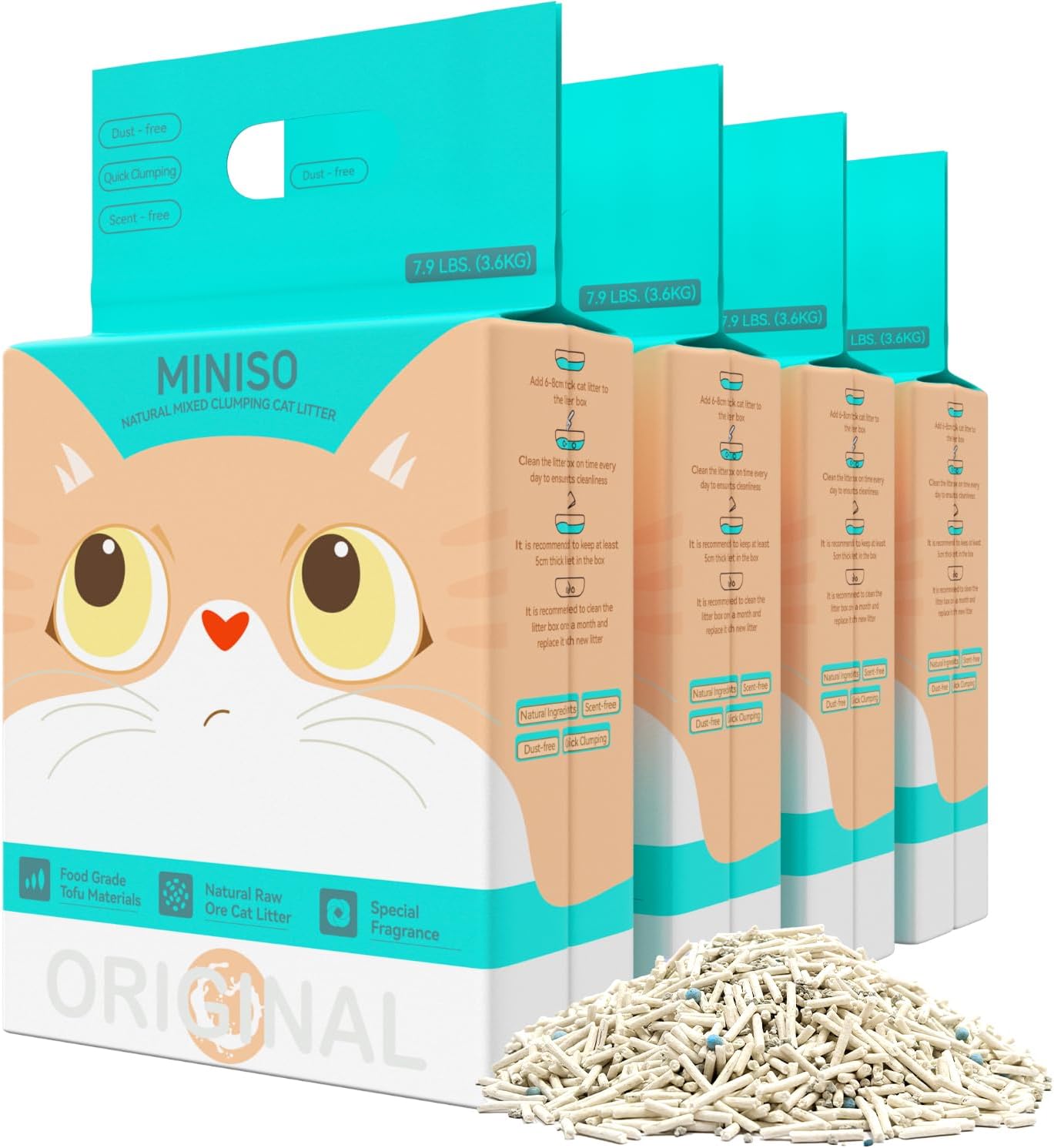 MINISO Clumping Cat Litter, Tofu+Bentonite+Cassava, Odor Control, Rapid Clumping, Water Absorbent and Toilet Flushable, Multi-Cat, Original Style, 31.6lb (4 Pack of 7.9lb Bags)