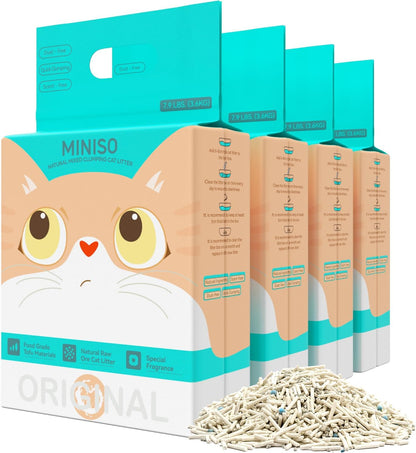 MINISO Clumping Cat Litter, Tofu+Bentonite+Cassava, Odor Control, Rapid Clumping, Water Absorbent and Toilet Flushable, Multi-Cat, Original Style, 31.6lb (4 Pack of 7.9lb Bags)