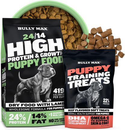 Bully Max Puppy Growth Lamb Dry Food 24/14 (5 lbs.) + Puppy Training Treats, Beef Flavor – for Small Dogs and Large Breed Puppies – Supports Healthy Growth, Training and Skin & Coat