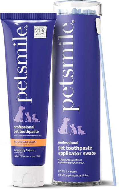 Petsmile Professional Pet Toothpaste Kit - Cat & Dog Applicator Swab & Toothpaste - Control Plaque, Tartar & Bad Breath - VOHC Accepted Toothpaste - Teeth Cleaning Supplies (Say Cheese, 4.2 Oz)