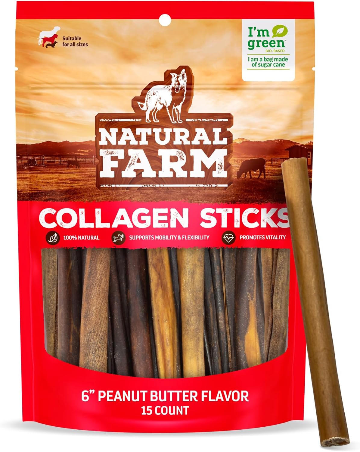 Natural Farm Peanut Butter Stuffed Collagen Sticks for Dogs (6 Inch, 15-Pack), Rawhide-Free Collagen Sticks, Natural Dog Chews, Long Lasting, for Small, Medium and Large Dogs