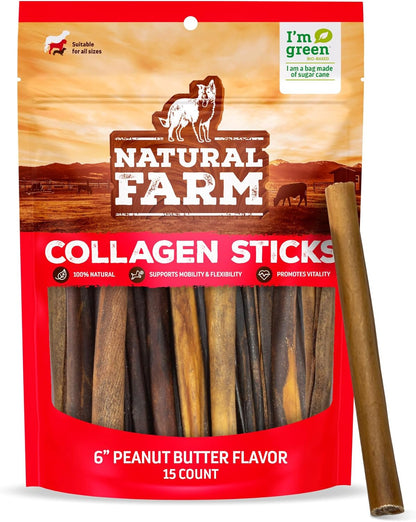 Natural Farm Peanut Butter Stuffed Collagen Sticks for Dogs (6 Inch, 15-Pack), Rawhide-Free Collagen Sticks, Natural Dog Chews, Long Lasting, for Small, Medium and Large Dogs