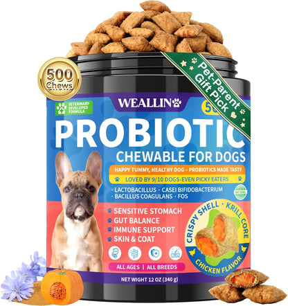 Dog Probiotics Chews 500 Chews, Sensitive Stomach Support Crunchy Shell with Krill Core, Triple Probiotics & Prebiotics, Digestion, Immunity & Skin Care, Chicken Flavor, for All Breeds & Sizes Dogs