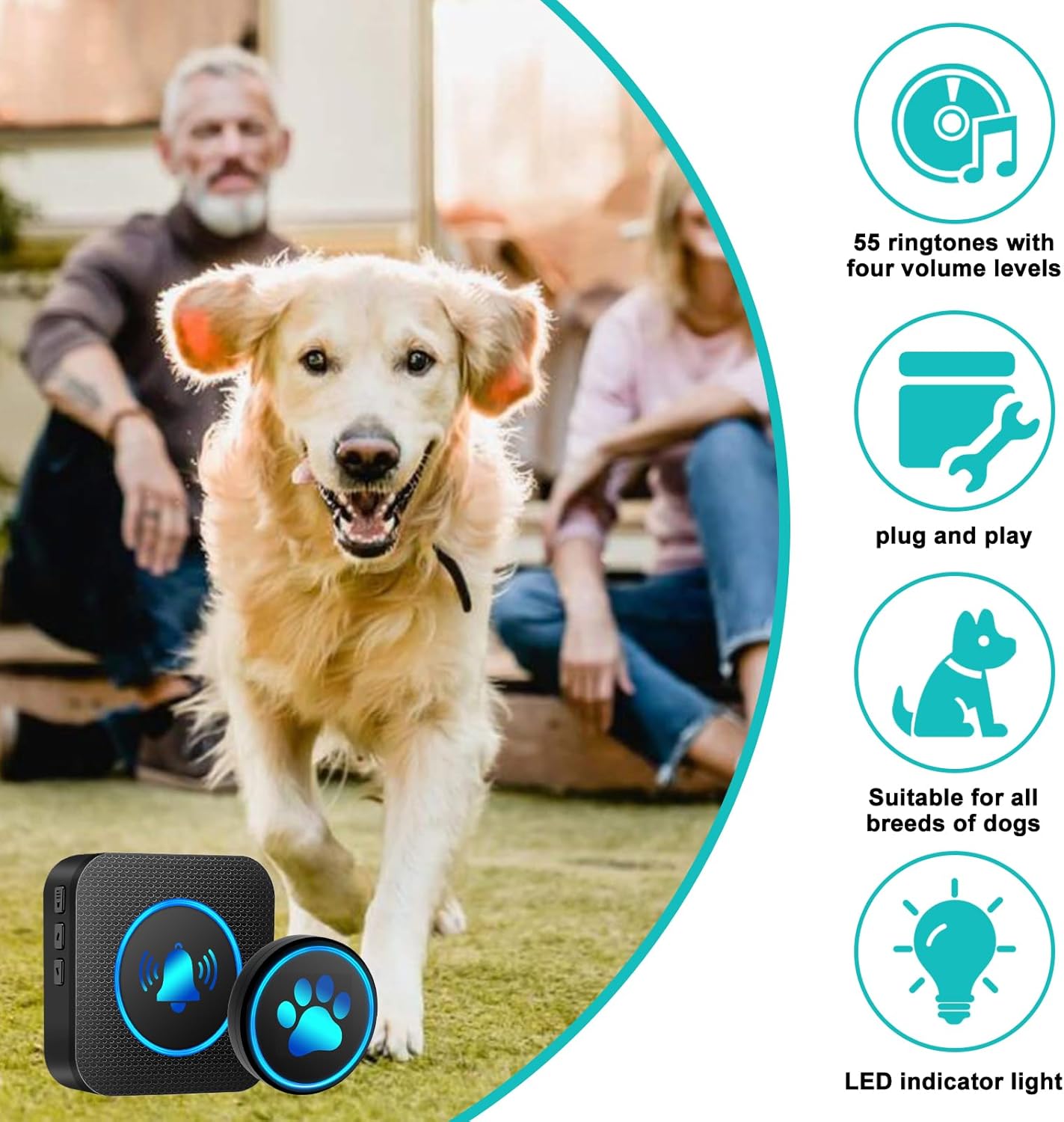 Dog Door Bell for Potty Training, Smart Wireless Doggie Doorbell to Go Outside, 1000 Feet Long Range with IP65 Waterproof Super-Light Touch Button, 60 Melodies & Adjustable Volume (2 Button)