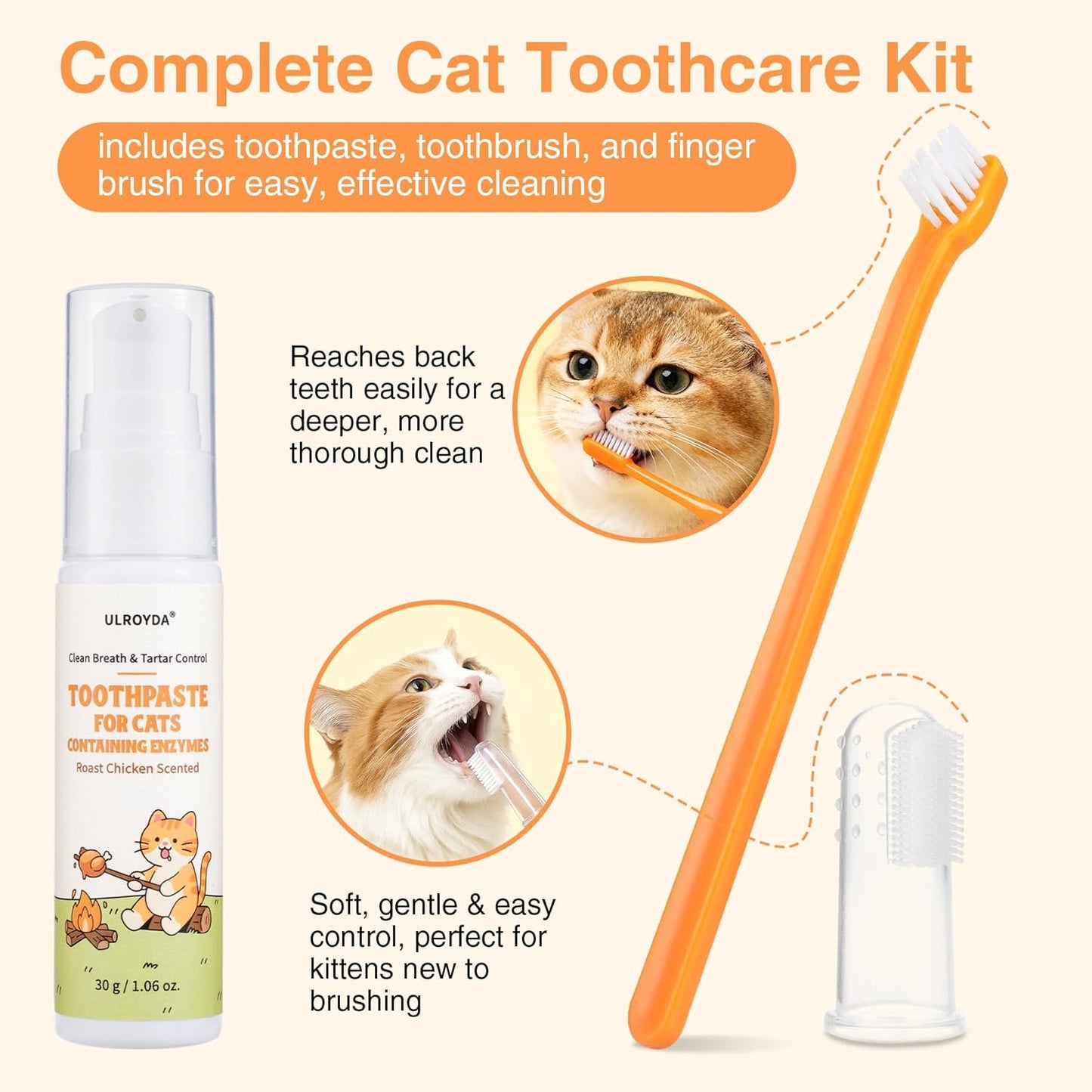 Enzymatic Cat Toothpaste Kit – Roast Chicken Flavor Dental Care for Cats & Kittens | Fights Plaque, Tartar & Bad Breath | Includes Toothbrush & Finger Brush, 1.06 oz