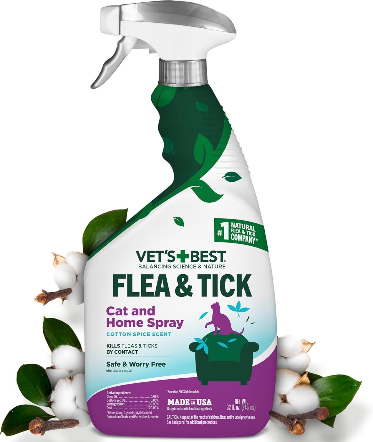 Vet’s Best Flea & Tick Home Spray for Cats – Plant-Based Flea and Tick Treatment with Cotton Spice Scent – Gentle Flea Mist for Indoor Use – Made in USA Natural Cat Flea Control – 32 oz