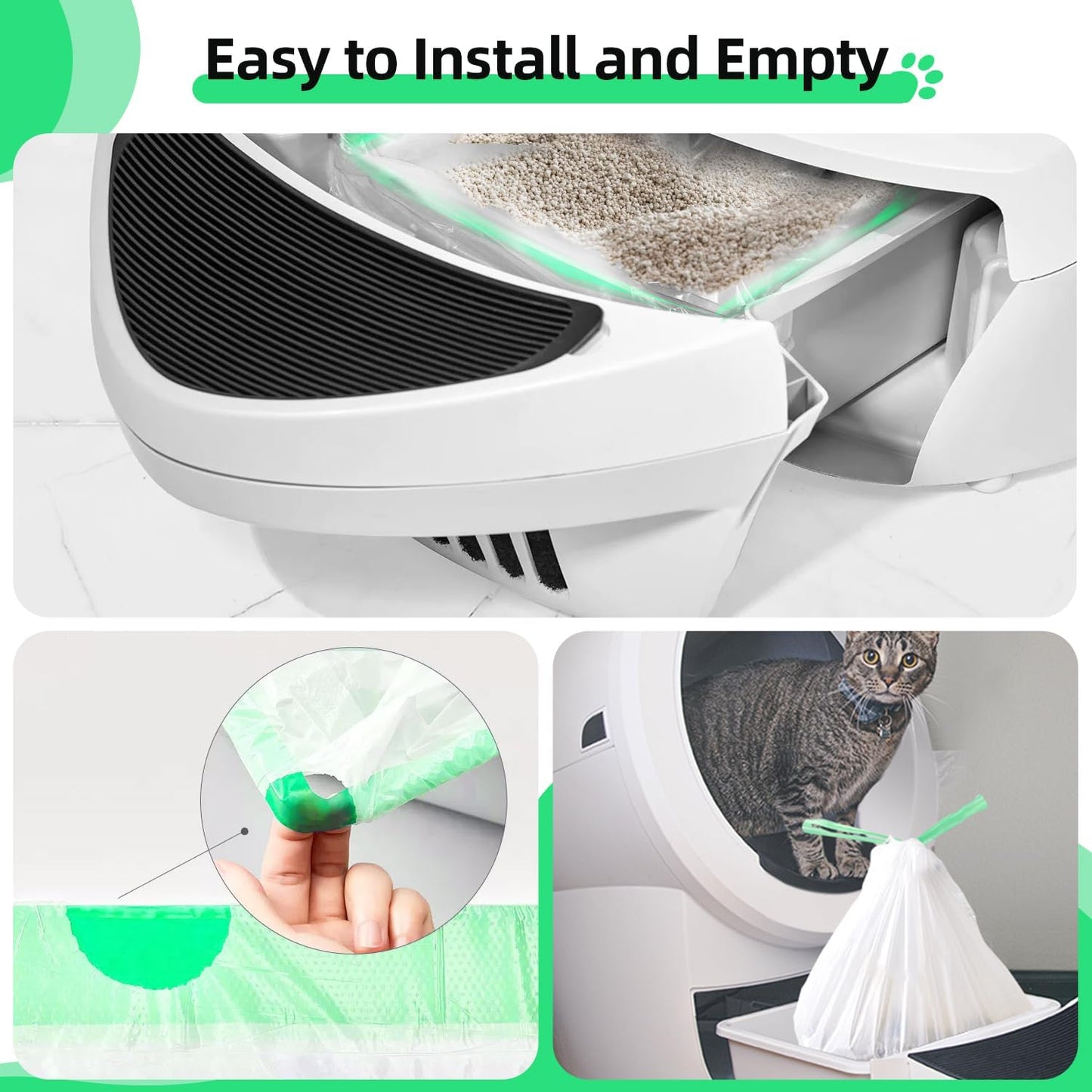 45 Count Cat Litter Box Liners Automatic for Litter Box Robot 4 and 3, Self-cleaning Waste Drawer Liners refill with Drawstring hick Heavy Duty 10-12 Gallons of Capacity, Transparent