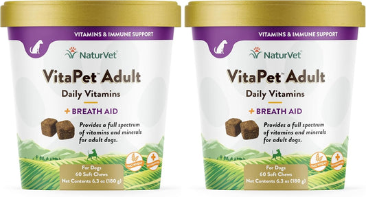 NaturVet VitaPet Adult Daily Vitamins Plus Breath Aid for Adult Dogs, 60 ct Soft Chews, Made in The USA with Globally Source Ingredients (Pack of 2)