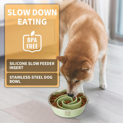 2-in-1 Metal Slow Feeder Dog Bowl, Bestalk Stainless Steel Dog Bowls with Silicone Slow Feeder Insert, Food Grade 304 Water Food Bowl with Anti-Slip Base for Small, Medium, Large Dogs