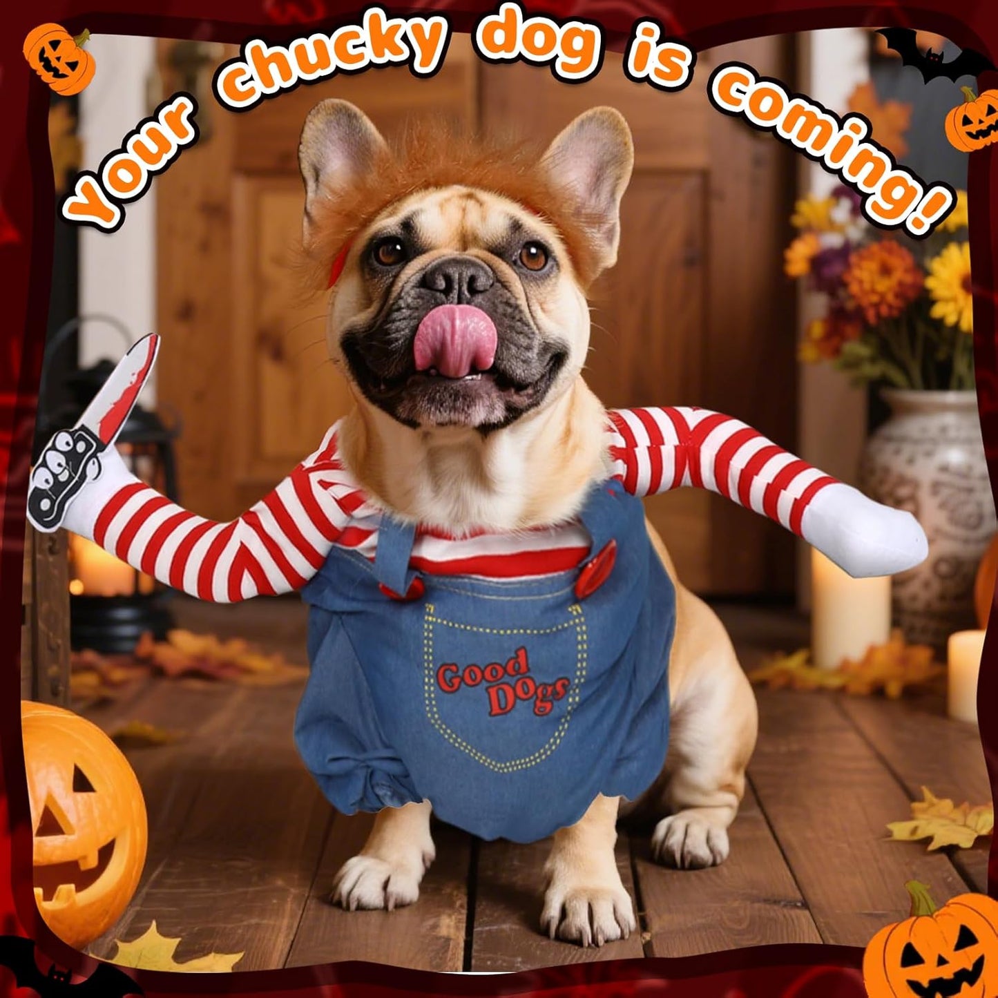 T2Y Dog Halloween Costume Pet Deadly Doll Chucky Dogs Costume with Knife & Wig, Dog Costumes for Medium Dogs Funny Party Cosplay Halloween for Corgi, Pug, Frenchie, Dachshund【L】