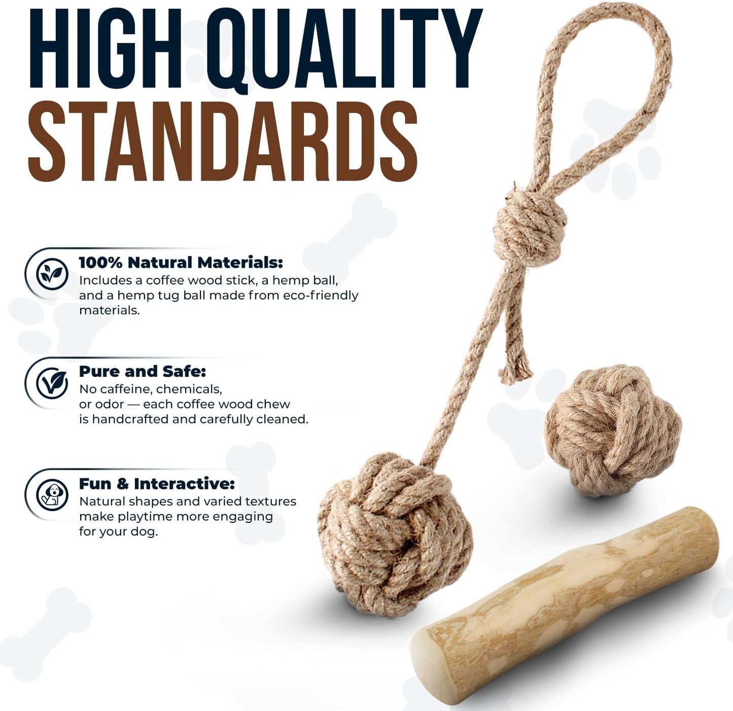 3Pcs Natural Coffee Wood Dog Chew and Hemp Ball Toys for Large & XL Dog Over 70lbs - 100% Organic Toys for Teeth Cleaning, Reduces Stress, Mental Stimulation