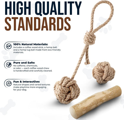 3Pcs Natural Coffee Wood Dog Chew and Hemp Ball Toys for Large & XL Dog Over 70lbs - 100% Organic Toys for Teeth Cleaning, Reduces Stress, Mental Stimulation