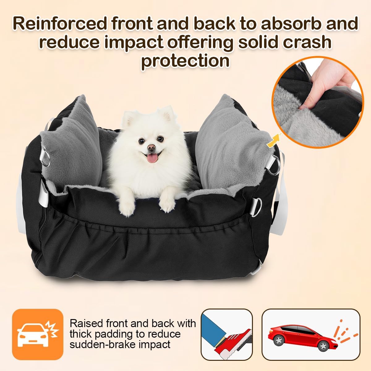Dog Car Seat for Small Dogs with Extension Zone, Washable Car Travel Bed for Pets Up to 30Lbs, Trendy Booster Dog Seat Including Harness Clip - Black