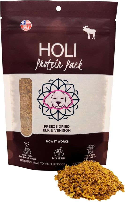 HOLI Freeze Dried Elk and Venison Dog Food Topper - 96% Meat, Wild Caught Free Range - Freeze Dried Dog Food Flavor Enhancer for Picky Dogs – 100% All Natural - 6oz