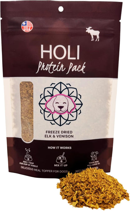 HOLI Freeze Dried Elk and Venison Dog Food Topper - 96% Meat, Wild Caught Free Range - Freeze Dried Dog Food Flavor Enhancer for Picky Dogs – 100% All Natural - 6oz