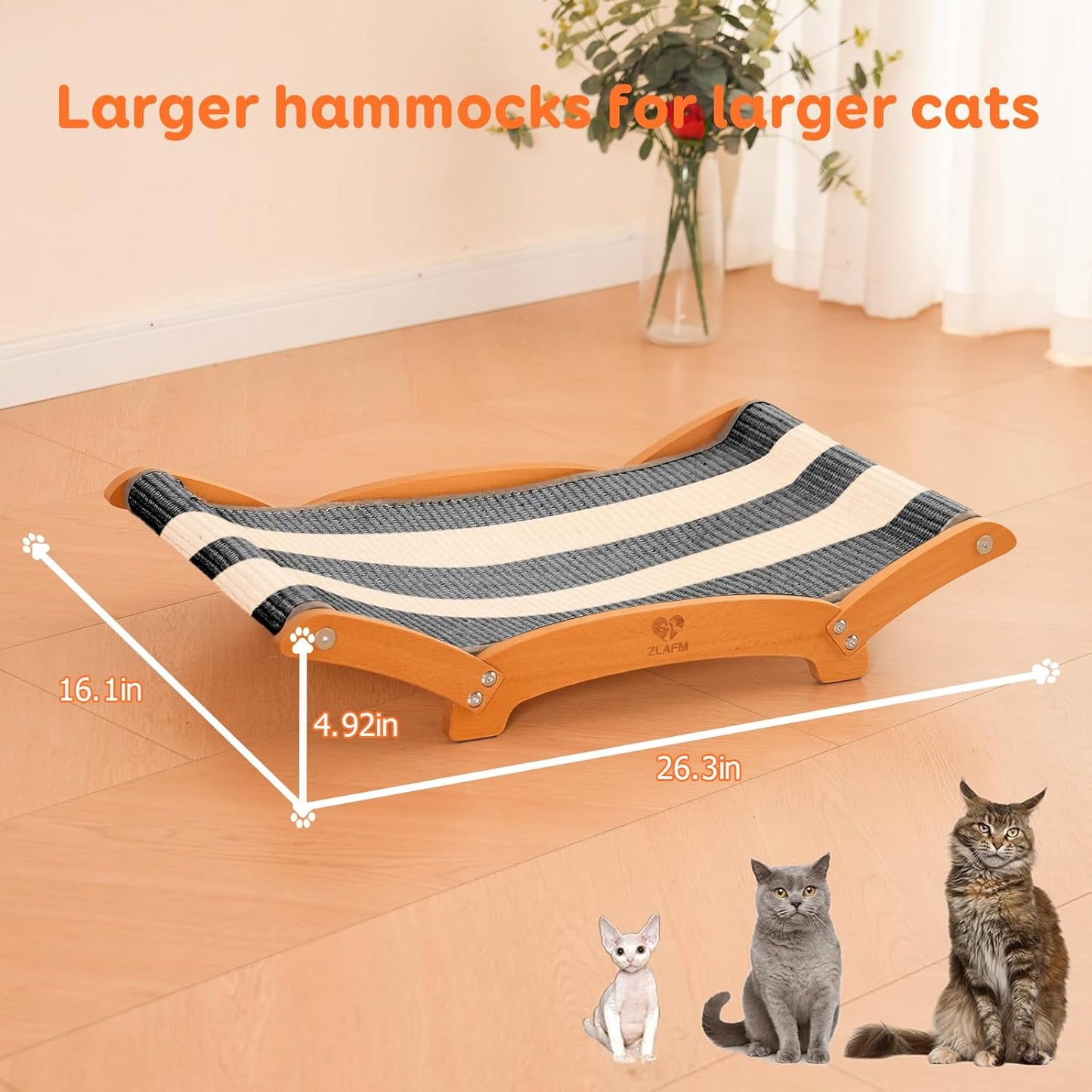 Extra-Larger Sisal Cat Scratcher Bed, Durable Cat Scratching Post with Hammock for Indoor Cats Lounger & Sleep & Scratch, Natural Sisal Cat Scratch Pad, Sturdy Solid Wood Frame (BeigeBlack)