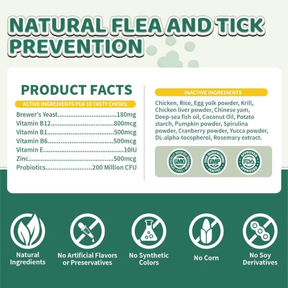 Flea and Tick Prevention for Cats Chews, 500 Crunchy & Creamy Flea Chews, Cat Flea Chewables with Probiotics - Skin & Coat Support - Fleas & Tick Supplement for Cats Kittens - Natural Chicken Flavor