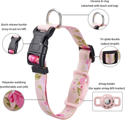 Dog Collar, Compatible with AirTag, Polyester Pet Cat Puppy Collar for Small, Medium, Large, & Extra Large Dogs, Pink Rose, S: 9.8''-15.7'' Neck