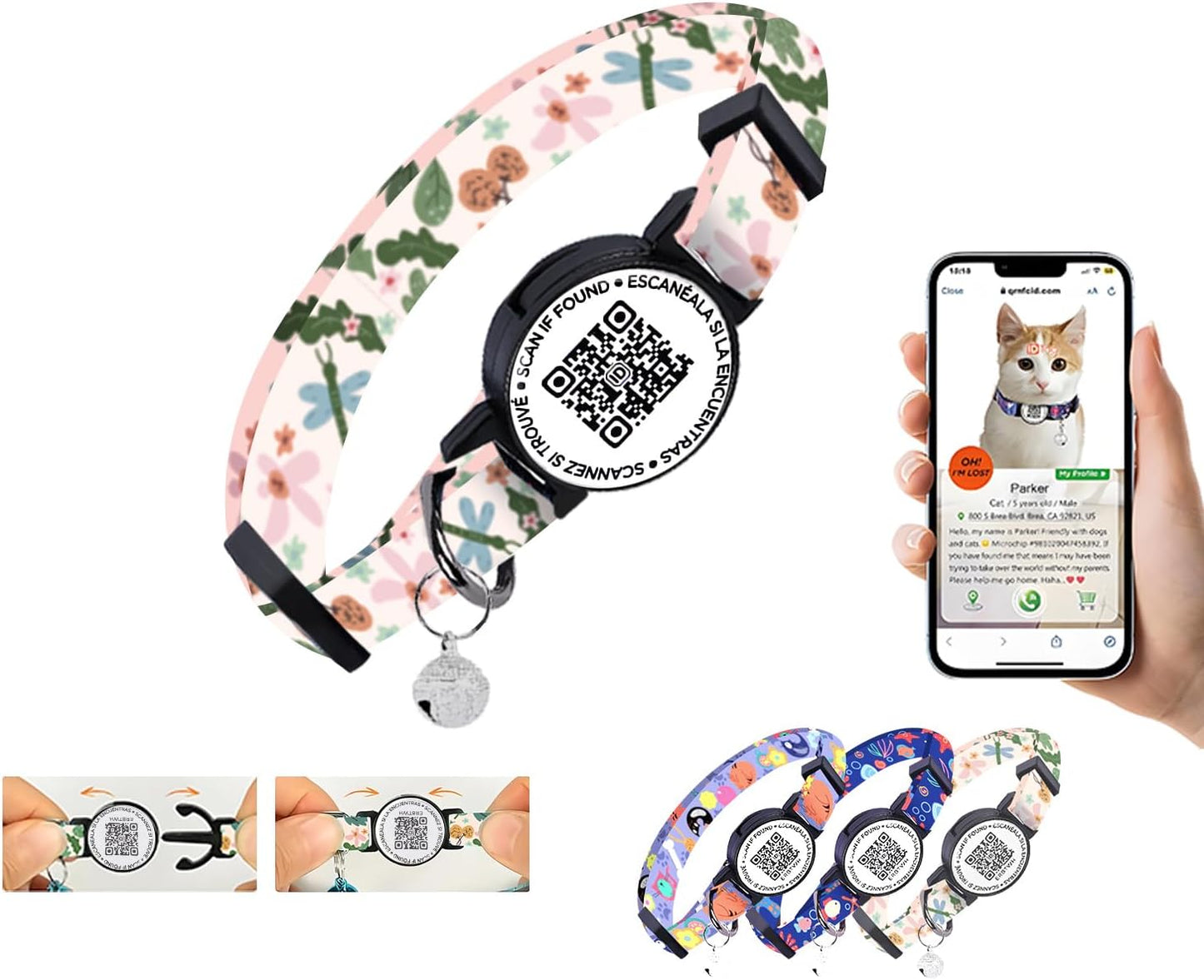 Nylon Breakaway Cat Collar QR Code with Air Tag Holder - Reusable Adjustable Pet ID Tag with Bell for Easy Tracking & Identification Hypoallergenic Cotton Safety Collar (Off-White)